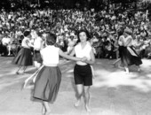 Israeli folk dancers from the Young Judean Club of Jacksonville performing at the 1959 Florida Folk Festival- White Springs, Florida