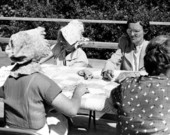Women from the Taylor County Home Demonstration Club quilting at the 1954 Florida Folk Festival - White Springs, Florida