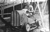 Virginia Shumway in old Clyde Beatty circus roller coaster car