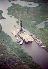Aerial view of oil drilling platform in the Everglades