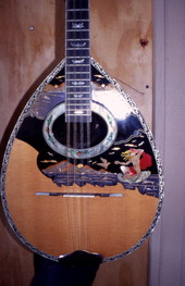 Close-up view of a bouzouki made by Dimitris Adamopoulos at the Hollywood Music Shop - Hollywood, Florida.