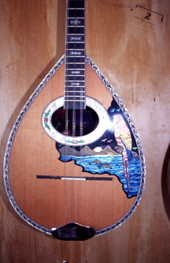 Close-up view showing a bouzouki made by Dimitris Adamopoulos at the Hollywood Music Shop - Hollywood, Florida.