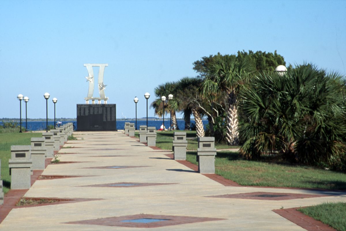View showing the commemorative sculpture for Project Gemini in Space View Park near the U.S. Space Walk of Fame Museum in Titusville, Florida.