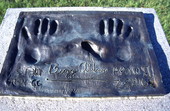Close-up view showing the handprints of astronaut Edwin E. "Buzz" Aldrin in Space View Park near the U.S. Space Walk of Fame Museum in Titusville, Florida.