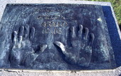 Close-up view showing the handprints of astronaut John Young in Space View Park near the U.S. Space Walk of Fame Museum in Titusville, Florida.