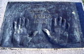 Close-up view showing the handprints of astronaut John Young in Space View Park near the U.S. Space Walk of Fame Museum in Titusville, Florida.