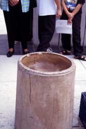 View of mortar used to make mochi rice cakes during a festival at the Morikami Museum in Delray Beach, Florida.