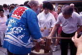 Scene of Mochitsuki ceremony to make mochi rice cakes during a festival at the Morikami Museum in Delray Beach, Florida.