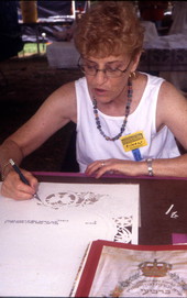 Eileen Brautman creating a Jewish Ketubah marriage contract at the 2003 Florida Folk Festival in White Springs, Florida.