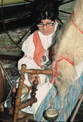 Anne Lunestad spinning flax at the 1977 Florida Folk Festival - White Springs, Florida