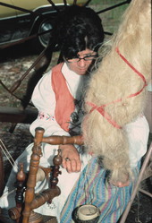 Anne Lunestad spinning flax at the 1977 Florida Folk Festival - White Springs, Florida