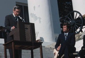 Governor Reubin Askew speaking at the Stephen Foster Day celebration as Secretary of State Bruce Smathers (R) listens- Tallahassee, Florida.