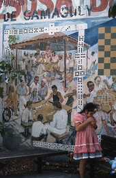 Painting of Cuban American men playing dominoes in Little Havana - Miami, Florida.