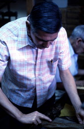 Ramar Cigars owner Rafael Martinez examining a tobacco leaf - Miami, Florida.