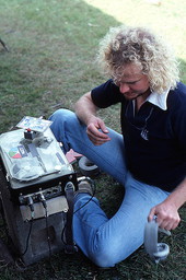 Sound technician, Rob Thomas, monitoring recording equipment during taping of Lucreaty Clark - Lamont, Florida