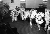 Wreaths set up in a Mayport church at a memorial service for a fisherman lost at sea- Jacksonville, Florida