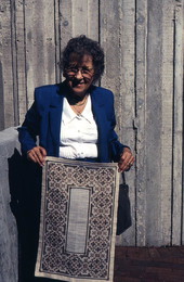 Lillian Bolstad with hardanger embroidery she made- Orlando, Florida