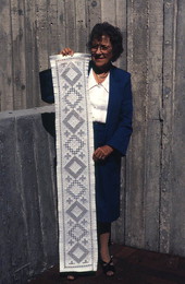 Lillian Bolstad with hardanger embroidery she made- Orlando, Florida