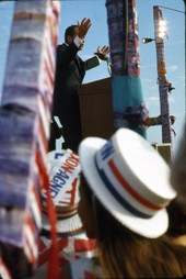 View of GOP presidential nominee Richard Nixon delivering a campaign speech