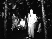 Governor Fuller Warren addressing an audience at the dedication of Clarke Road - Panacea, Florida