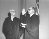 Swearing in Chief Justice John Mathews Sr. by Justice B. K. Roberts.