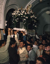 Epitaphios being carried during a Good Friday service at St. Nicholas Greek Orthodox Cathedral in Tarpon Springs, Florida.