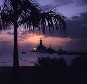 Silhouettes of ships shown during sunset in Sarasota, Florida.