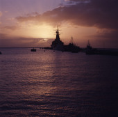 View showing silhouettes of ships during sunset in Sarasota, Florida.
