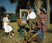 Jerry Farnsworth painting a portrait of Mrs. Ben Stahl in Sarasota, Florida.