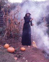 Portrait of Carolyn Steinmetz dressed as a witch for Halloween in Sarasota, Florida.