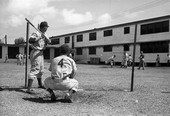 Scene showing pitching instruction session at the Brooklyn Dodgers training camp in Vero Beach, Florida.