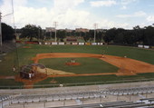View overlooking the baseball field from the bleachers during batting practice at the FSU ballpark in Tallahassee, Florida.