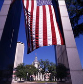 View showing the Vietnam Memorial and State Capitol in Tallahassee, Florida.