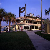 View showing the "Grand Romance" side-wheeled paddle steamer tour boat in Sanford, Florida.