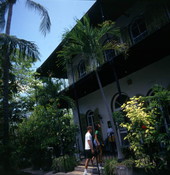 Close-up view showing the front of the Hemingway House Museum at 907 Whitehead St. in Key West, Florida.