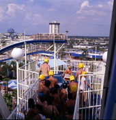 View showing tourists waiting their turn on a water slide at the Wet 'n Wild theme park in Orlando, Florida.