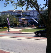 View looking east toward the fountain in the historic Hyde Park district between Dakota Ave. and Village Cir. in Tampa, Florida.