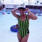 Woman wearing a cap at the Water Mania theme park in Kissimmee, Florida.