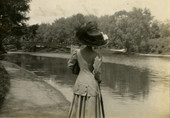 Koreshan Annie Ray Andrews modeling hat at Washington Park in Albany, New York.