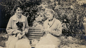 Koreshans Imogene Bubbett Rahn, left, and Eleanor Castle sewing together.