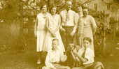 Group portrait of Koreshans Claude and Imogene Bubbett Rahn with family.