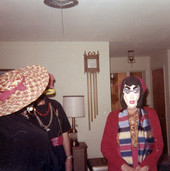 Portrait of a person in costume at a Koreshan Unity Halloween party.