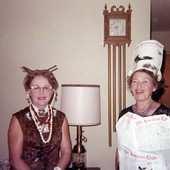 Koreshan Unity president Hedwig Michel, right, posing with woman at a Halloween party.