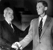 Florida state senators W. Turner Davis and Doyle Carlton shaking hands - Madison County, Florida