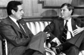 Governor-elect Bob Martinez and Governor Bob Graham talk during a formal meeting - Tallahassee, Florida