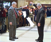House Sergeant at Arms Ernest Sumner, left, and Senate Sergeant at Arms Donald Severance dropping their handkerchiefs for "Sine Die".