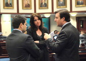 Republican Leader Adam Hasner, R-Delray Beach, right, conferring with colleagues on the House floor in Tallahassee, Florida.