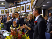 Ellen Cannon, center, joining the standing ovation for her husband Representative Dean Cannon, R-Winter Park, as he was confirmed as Speaker during an Organization session of the Legislature.