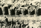 Cubo Redoubt: Section of Spanish palmetto palisade wall--Fragment of English pine post reconstruction in foreground.