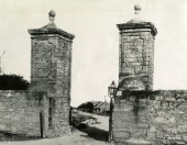 Looking north at city gates from Orange St. in St. Augustine, Florida.